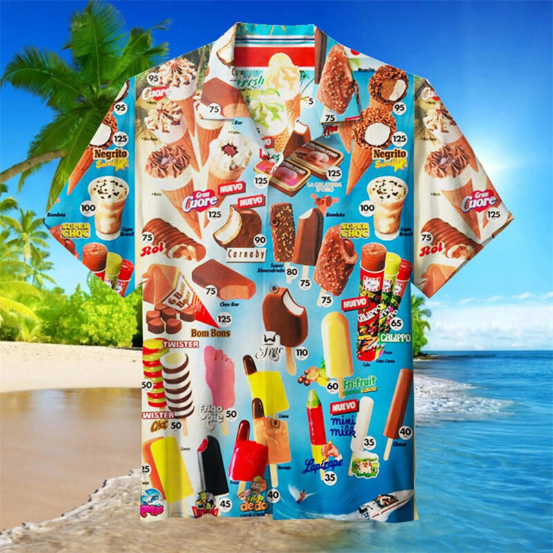 قمصان هاواي كبيرة الحجم للرجال الآيس كريم ، طباعة ثلاثية الأبعاد ، بلوزة الشاطئ ، قمم قصيرة الأكمام ، طية صدر السترة ، عطلة ، الصيف ، الموضة