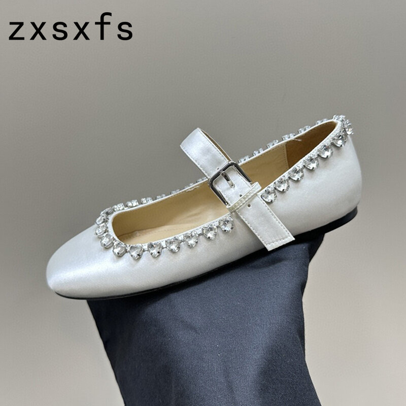 حذاء مسطح كريستالي للنساء ، حذاء بدون كعب رسمي للعمل من الحرير المدرج ، حذاء مشي خارجي ، ربيعي