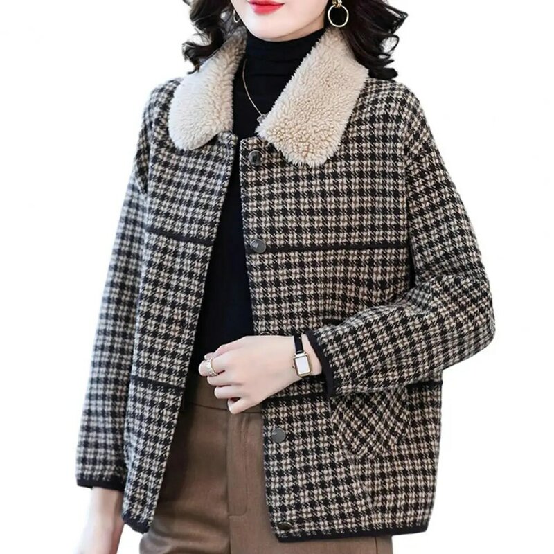المرأة أفخم التلبيب معطف ، Vintage منقوشة معطف ، واحدة الصدر سترة مع التلبيب ، الوجهين متماسكة ، الدافئة ، الخريف ، الشتاء