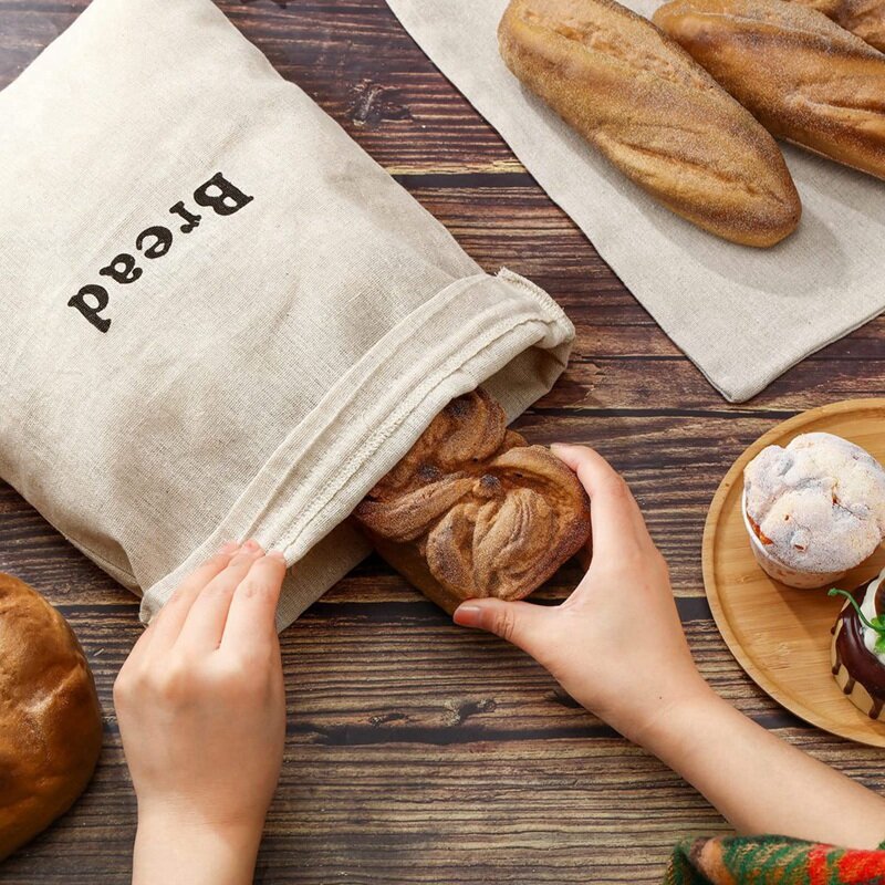 أكياس خبز خيش قابلة لإعادة الاستخدام برباط ، أرغفة غير مبيضة ، أكياس معجنات ، تخزين أطعمة يدوية الصنع ، كيس ، 3 روض
