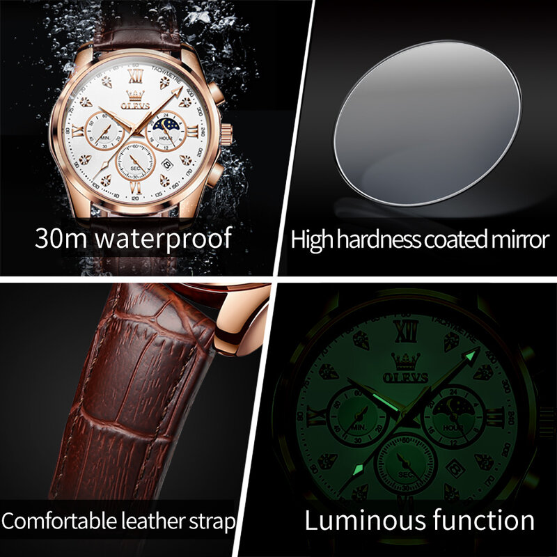 ساعة كوارتز كرونوغراف مقاومة للماء للرجال ، حزام جلدي ، ساعة يد فاخرة ، مرحلة القمر ، أفضل علامة تجارية ، أزياء