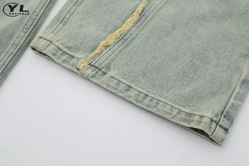سراويل جينز واسعة الساق للرجال والنساء ، جينز مستقيم عتيق ، بنطلون فضفاض ، بنطلون غير رسمي ، تصميم معدني ، حافة خام عالية الشارع ، هاراجو ، ربيع
