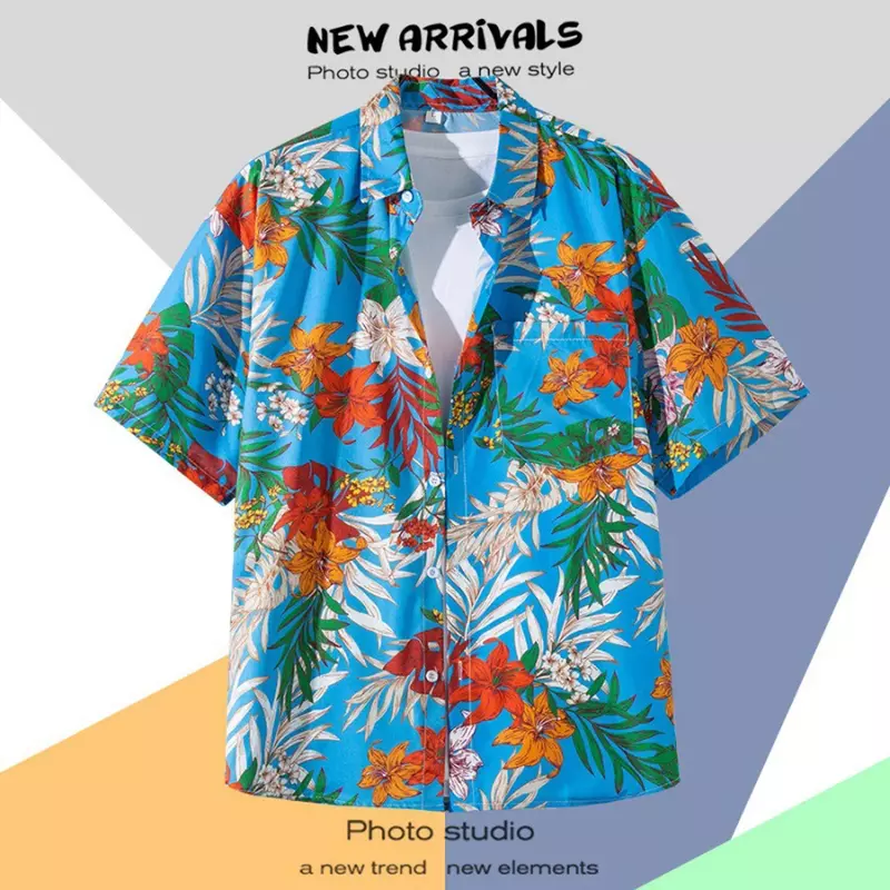 قميص هاواي للرجال بأكمام قصيرة ، زر طية صدر ، طباعة أزياء ، قميص زهرة ، هونغ كونغ الرجعية ، عطلة الشاطئ ، الصيف