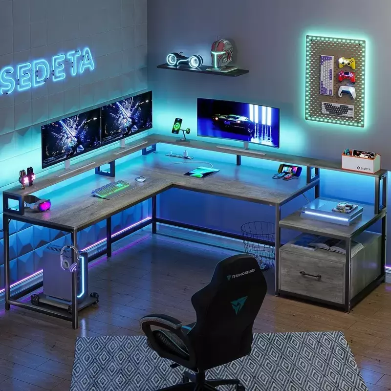 مكتب ألعاب على شكل حرف L مع درج ومنفذ طاقة ، مكتب كمبيوتر مع أضواء LED ، رف تخزين الشاشة ، مكتب منزلي ، 66 بوصة