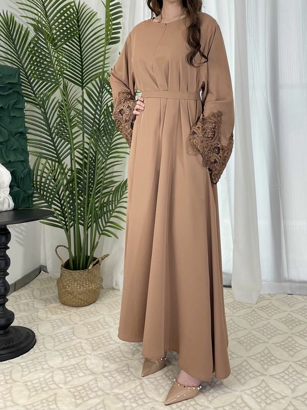 فستان إسلامي من الدانتيل أحادي اللون مع زهور للنساء ، قفطان بأكمام طويلة ، عباية دبي ، ملابس فضفاضة بسحاب ، مقاس كبير