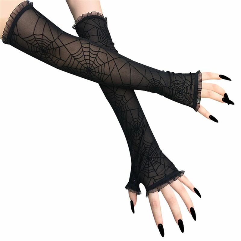 قفازات العنكبوت على شبكة الإنترنت التأثيرية بنصف الاصبع للنساء ، قفازات قوطية ، أكمام الذراع ، إكسسوار أزياء الهالوين ، قفازات طويلة ، زوج واحد
