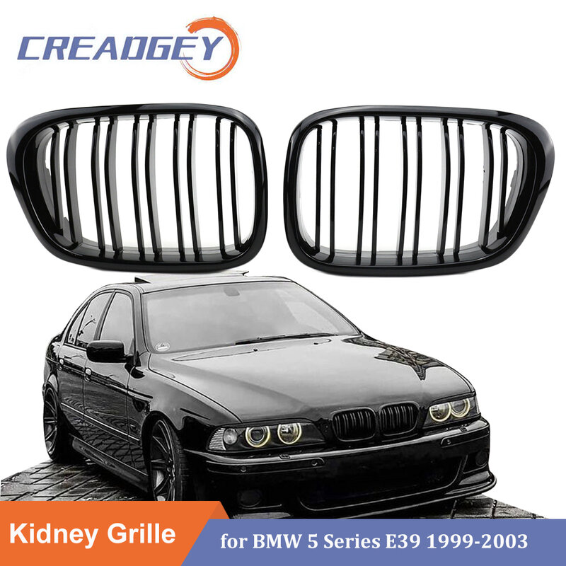 سيارة لمعان ماتي الأسود شبكية الرادياتير الأمامية مزدوجة شريحة خط شواء لسيارات BMW E39 1999-2004 5 Series 525i 528i 530i 540i M5 4-Door