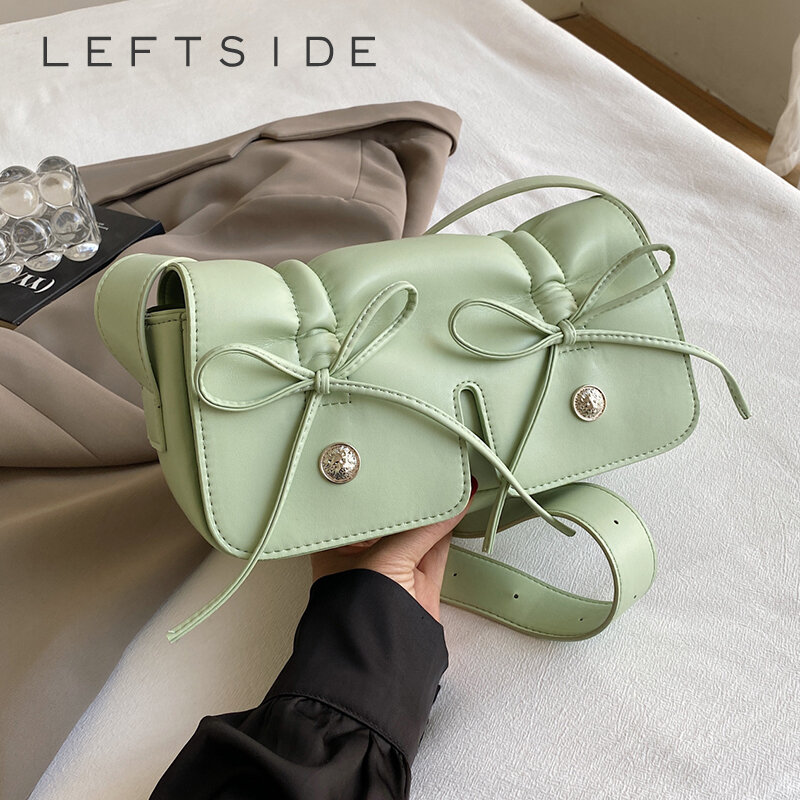 حقيبة كتف صغيرة من الجلد الصناعي للنساء ، تصميم بفيونكة خضراء ، حقائب يد جميلة تحت الإبط ، حقائب كروس بودي ، موضة كورية ،