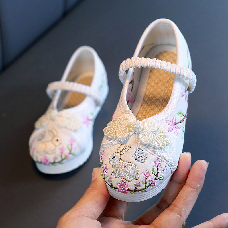 الأطفال أحذية Hanfu خمر النمط الصيني الفتيات الزهور الأرانب المطرزة الطلاب الرقص الشقق الأميرة الانزلاق على 25 إلى 36