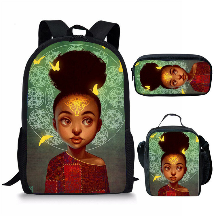 فتيات أفريقيا حقائب مدرسية مطبوعة ثلاثية الأبعاد ، شعبية وإبداعية ، حكيمة ، تلميذ ، حقيبة نهارية للكمبيوتر المحمول ، حقيبة ظهر ، حقيبة غداء ، حقيبة أقلام رصاص ، 3 في كل مجموعة