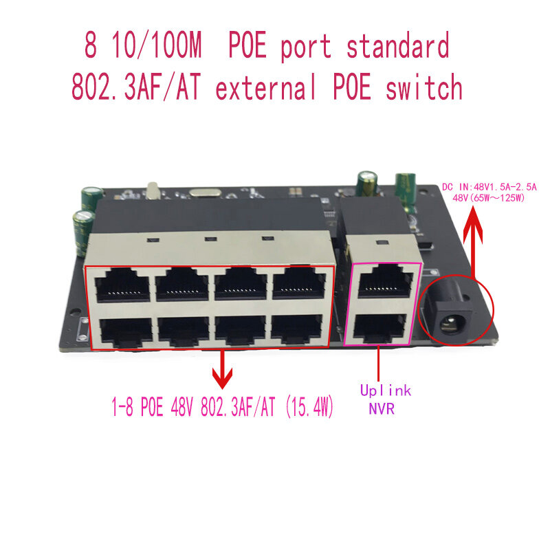البروتوكول القياسي 802.3AF/AT 48V POE OUT/48V poe التبديل 100 mbps POE poort ؛ 100 mbps UP Link poort ؛ poe بالطاقة التبديل NVR