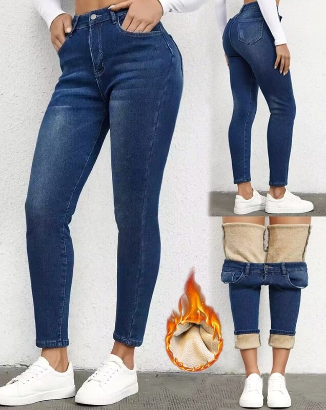 جينز نسائي قطيفة عالي الخصر ، بنطلون مبطن بالصوف ، بنطلون جينز غير رسمي نحيف ، أزرق داكن عصري ، تصميم جيب ،