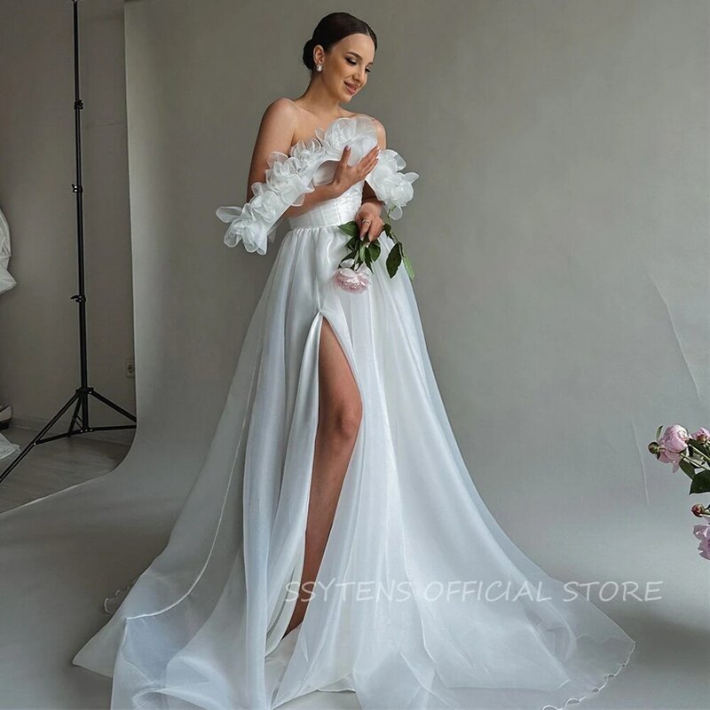 فستان عروس من Fairy A Line ، فساتين حفلات زفاف ، زهور ثلاثية الأبعاد ، مكشوفة الأكتاف ، فساتين زفاف الأميرة البيضاء ، منقسمة ،