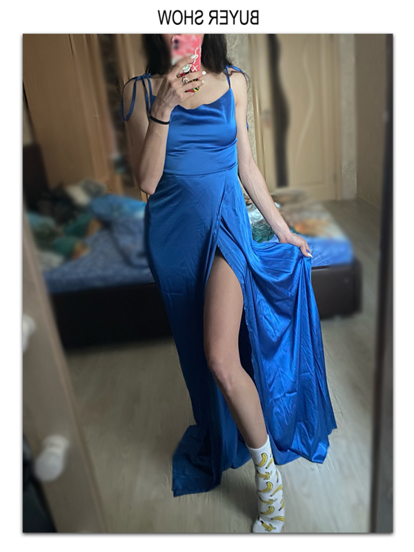 فستان لوصيفة العروس أنيق وردي بدون ظهر ورقبة مربعة ورقبة طويلة للنساء فستان أزرق ملكي للصيف
