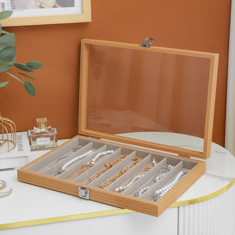 صندوق تخزين المجوهرات الخشبية مع غطاء ، سوار قلادة الغبار سلسلة الرقبة سميكة ، علبة عرض ، منظم شفاف ، 1 قطعة