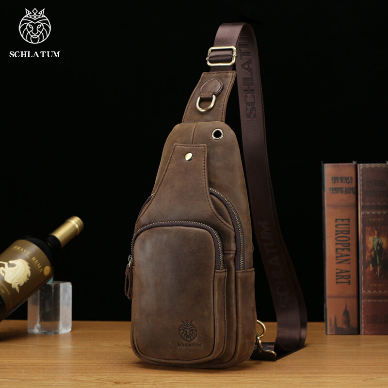 SCHLATUM حقيبة الصدر 100% جلد طبيعي عادية مثلث Crossbody تصميم السفر الكتف حقيبة الرجال الجلود متعددة الوظائف حقيبة