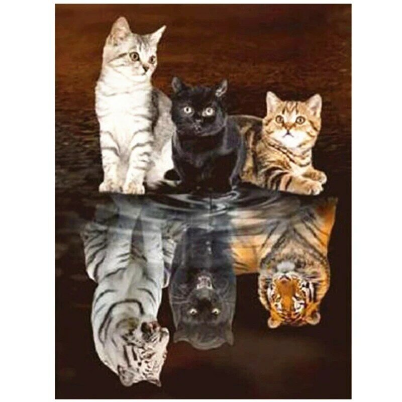 صور انعكاس الحيوانات من أحجار الراين ، ثلاث قطط ، تطريز ماسي مستدير كامل ، ديكور منزلي