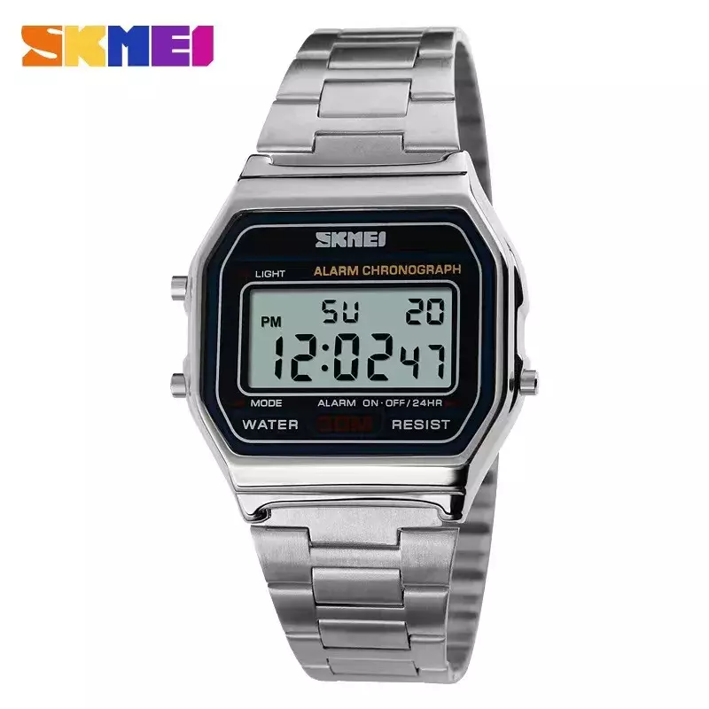 Skmei-ساعة يد رقمية مضادة للماء 3Bar للرجال ، حزام من الفولاذ المقاوم للصدأ ، شاشة LED ، ساعات رياضية غير رسمية ، موضة ، 1123