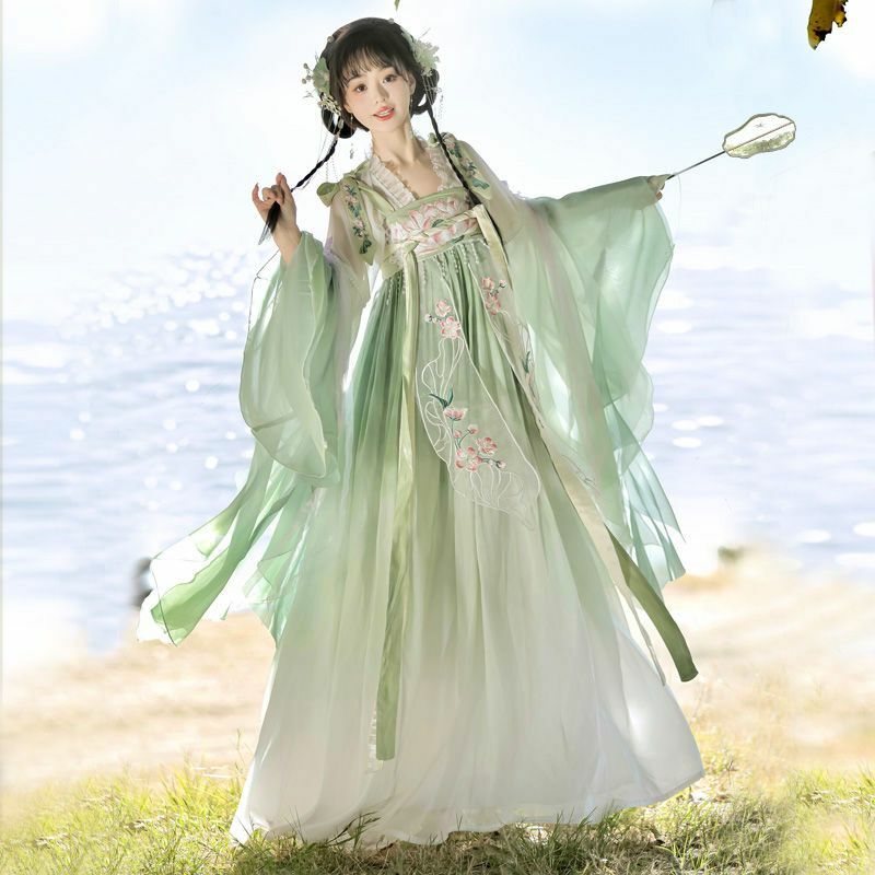 فستان هانفو صيني قديم للنساء ، زي تنكري للأميرة الهالوين ، زي حفلة ، الصيف ، الأخضر ، مجموعات أسرة تانغ