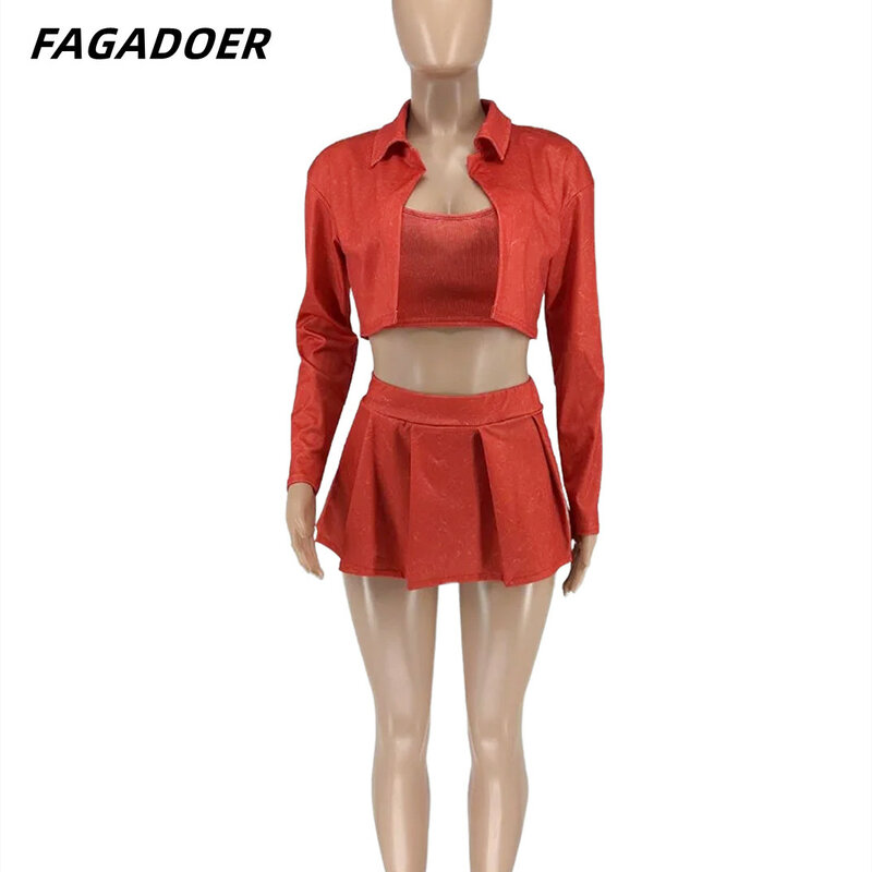 Fagadoer-طقم مثير من قطعتين للنساء ، تنورات مطوي ، سترة ، أكمام طويلة ، معاطف قصيرة ، تنورات صغيرة للغاية ، ملابس الشارع ، y2k