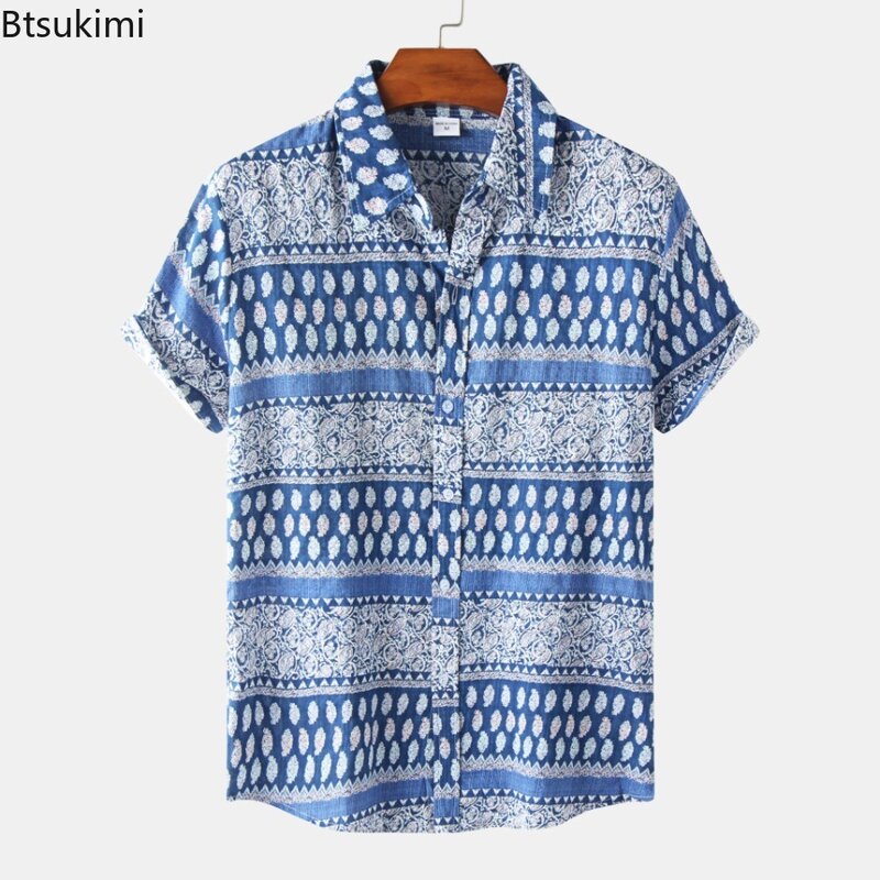 قمصان رجالية كاجوال بأكمام قصيرة ، بلوزة بطية صدر مطبوعة مخططة ، قميص هاواي جيد التهوية ، ألوان متباينة ، موضة صيفية