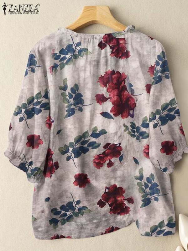 قميص ZAZEA للنساء بطبعة زهور ، بلوزة أنثوية بوهيمية ، كم ، رقبة مستديرة ، سترة غير رسمية ، الصيف ،