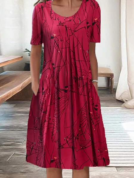 فستان متوسط الطول بطبعة زهور رسومية للنساء ، أكمام قصيرة ، رقبة مغرفة ، مقاس كبير ، أحمر