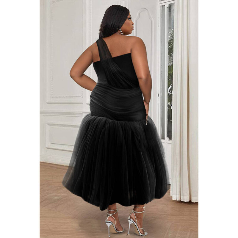 فستان ماكسي شبكي بلا أكمام ، فساتين سهرة سوداء ، خليط ، عنق منحرف ، مقاس كبير