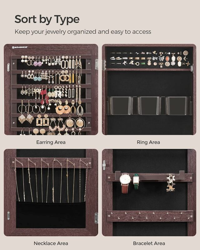 SONGMICS-خزانة مجوهرات ، وحدة منظم قابلة للقفل مثبتة على الحائط ، صواني تخزين مستحضرات تجميل بلاستيكية ، بطول كامل