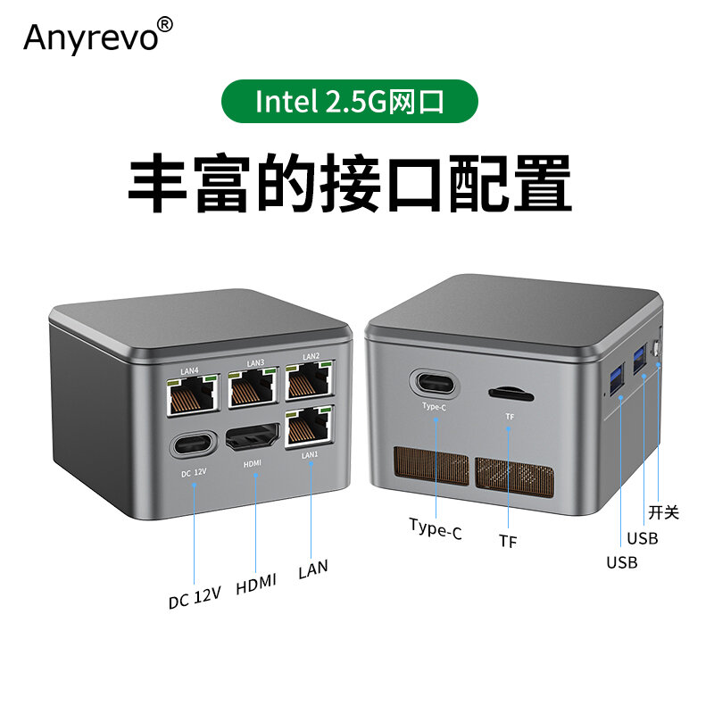 Anyrevo جيب 2.5G راوتر بنتيوم N6005 سيليرون N5105 4x إنتل i226-V جدار الحماية صندوق كمبيوتر صغير NVMe HDMI2.0 نوع C Proxmox OPNsense