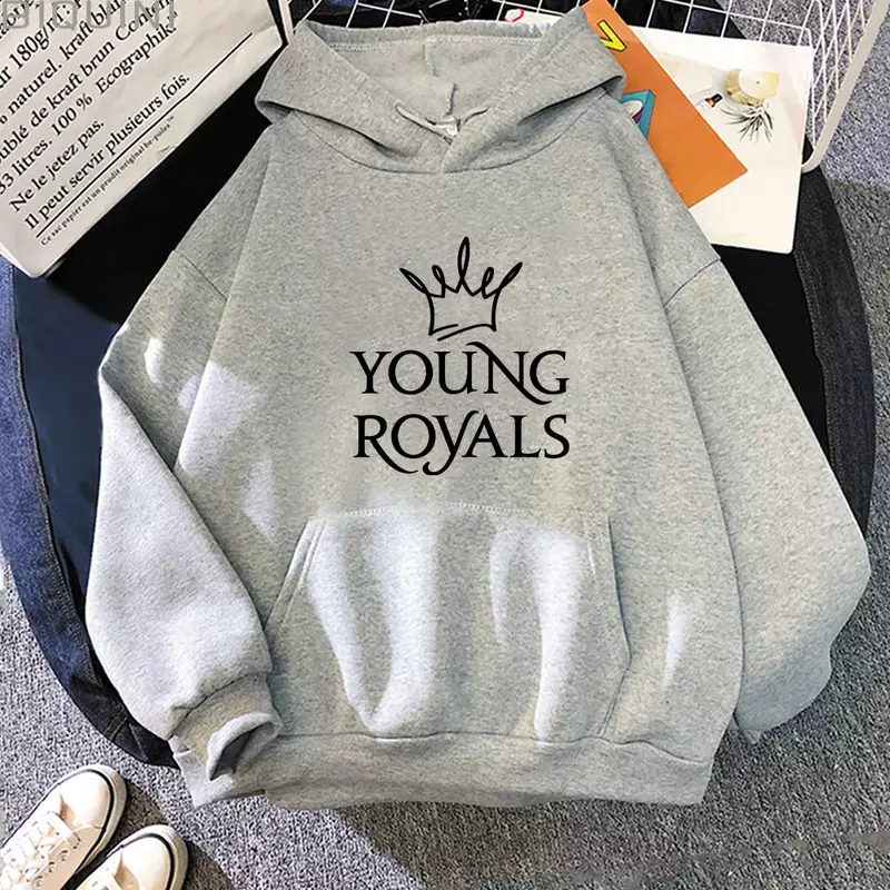 Young Royals-للرجال كم طويل رقبة مستديرة هوديس, البلوفرات غير رسمية, ملابس الشارع الشهير خمر, خريف, شتاء, جديد رسالة طباعة, للجنسين, Y2K