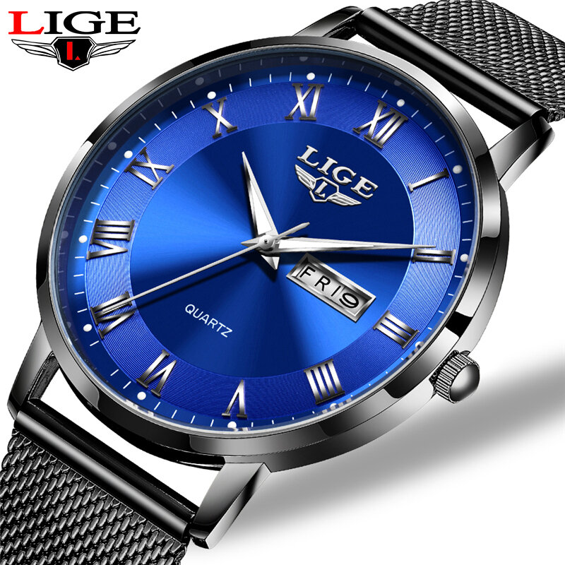 Lige-Men ساعة كوارتز رفيعة للغاية ، بسيطة ، بسيطة ، ساعة يد للعمل ، فولاذ مقاوم للصدأ ، تاريخ الأسبوع ، الموضة