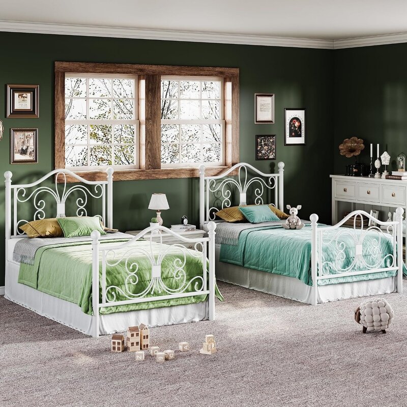 إطار سرير لسرير مزدوج ، إطار معدني مع تصميم بنمط الفراشة ، لوح أمامي ومسند ، بدون صندوق ربيعي ، للأطفال