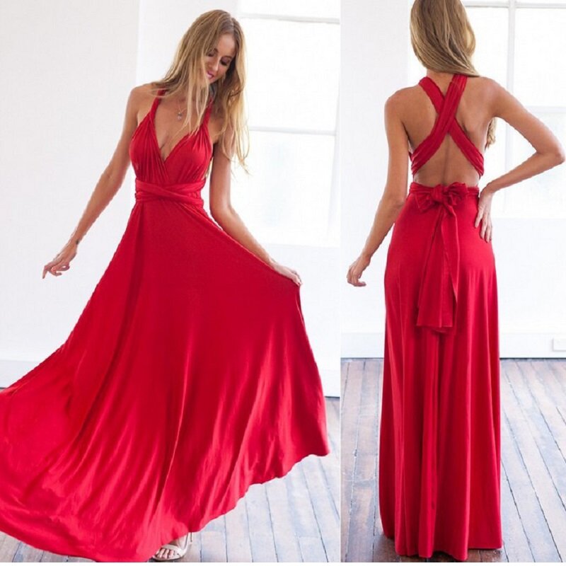 فستان نسائي طويل بوهو قابل للتحويل متعدد الاتجاهات فستان أحمر للنوادي للسيدات فستان طويل للحفلات لوصيفات العروس فستان طويل للسيدات