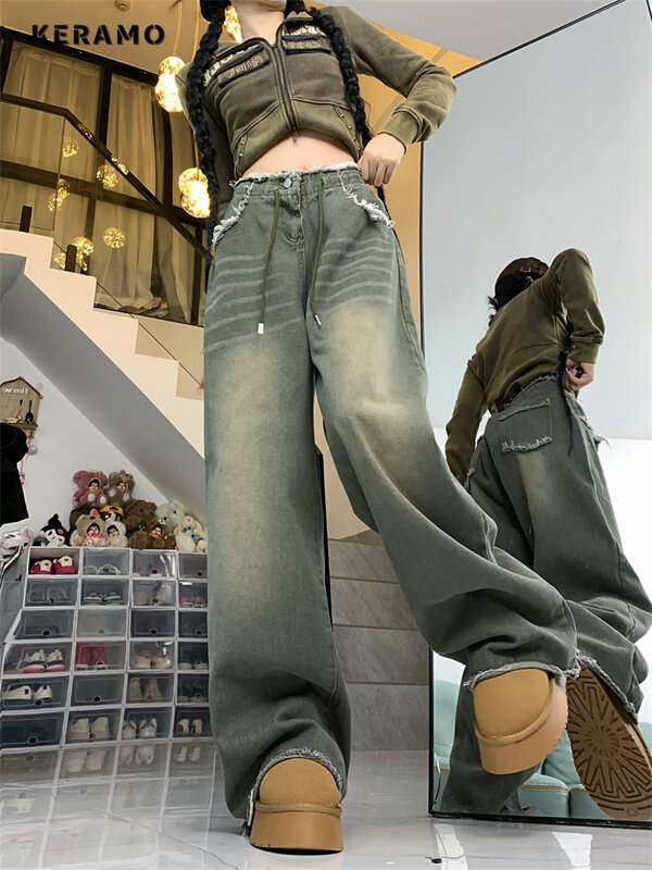جينز نسائي أخضر بتصميم رباط الشارع في الولايات المتحدة ، بنمط غير رسمي ، خصر مرتفع ، بنطلون حافة لدغ ، بنطلون دينم واسع الساق للإناث