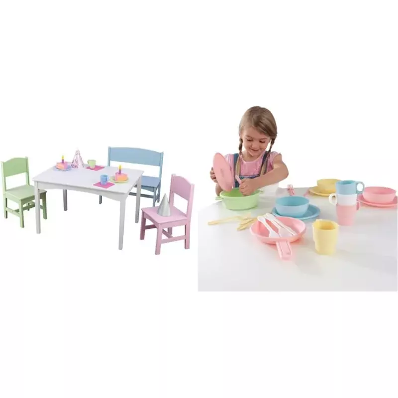 طاولة نانتوكيت خشبية مع مقعد وكرسيين ، أثاث للأطفال ، لون الباستيل ، هدية للأطفال من 3 إلى 8 سنوات