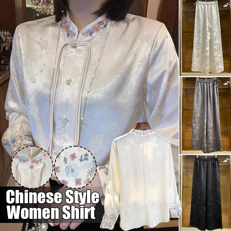 بلوزة مطرزة بالزهور على الطراز الصيني للنساء ، قمصان أنيقة ، بنطلون مستقيم ، ثياب فضفاضة غير رسمية ناعمة ، بنطال واسع الساق ، ربيعي