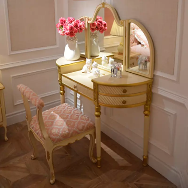 طاولة زينة مع مرآة لغرفة الأطفال ، مكياج مع مرآة ، خشب صلب ، بيج وذهبي ، مجوهرات وغرف نوم