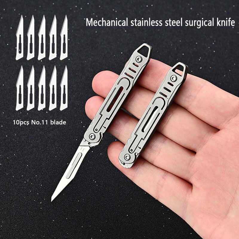 الفولاذ المقاوم للصدأ الطبية للطي سكين مشرط ، EDC في الهواء الطلق تفريغ سكين جيب ، 10 قطعة شفرات قابلة للاستبدال