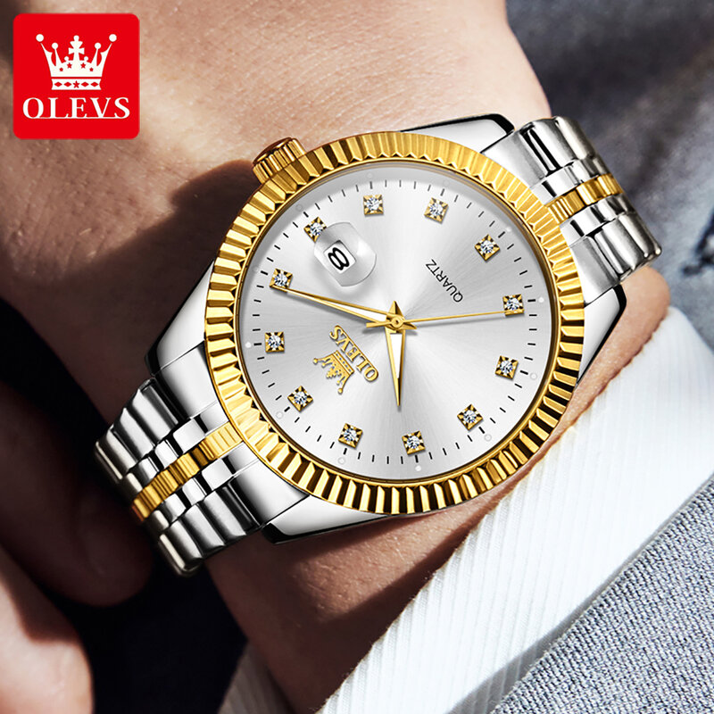 ساعة يد OLEVS للرجال من الفولاذ المقاوم للصدأ مقاومة للماء ، ساعات رياضية ، ساعة يد فاخرة ، تاريخ ، علامة تجارية مشهورة ، أزياء