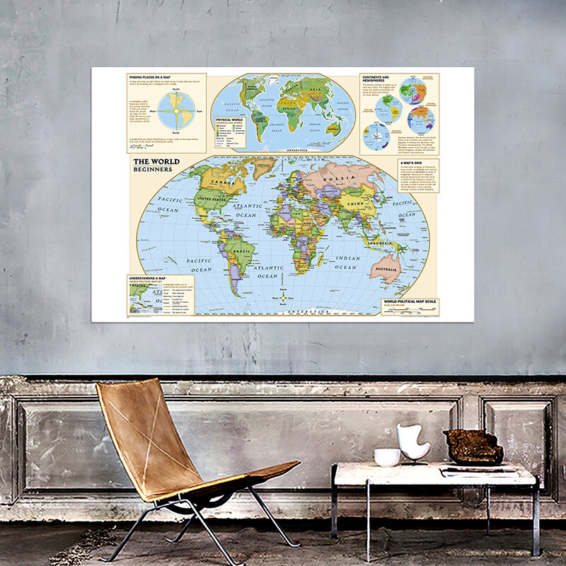 خريطة العالم المادية مع التسمية دون علم البلد للمبتدئين ، غير المنسوجة ، طوي ، تسمية مفصلة ، 150x100cm