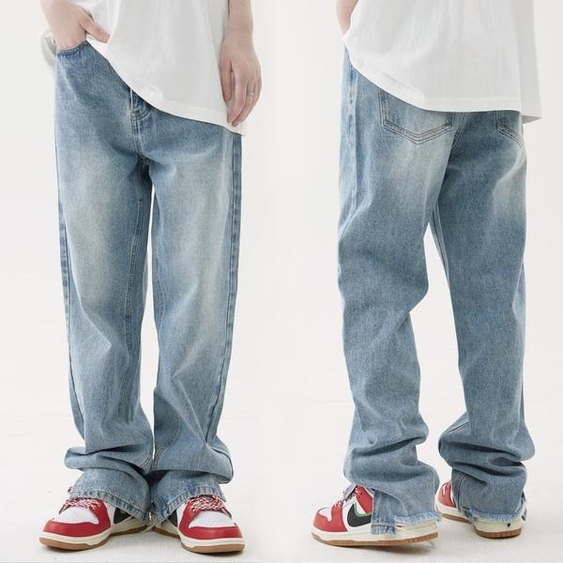 بنطلون جينز أمريكي جديد لعام 2022 بنطلون رجالي غير رسمي أزرق فاتح للربيع بتصميم ساقط على نمط الشارع بنطال جينز مستقيم ساقط على الأرض