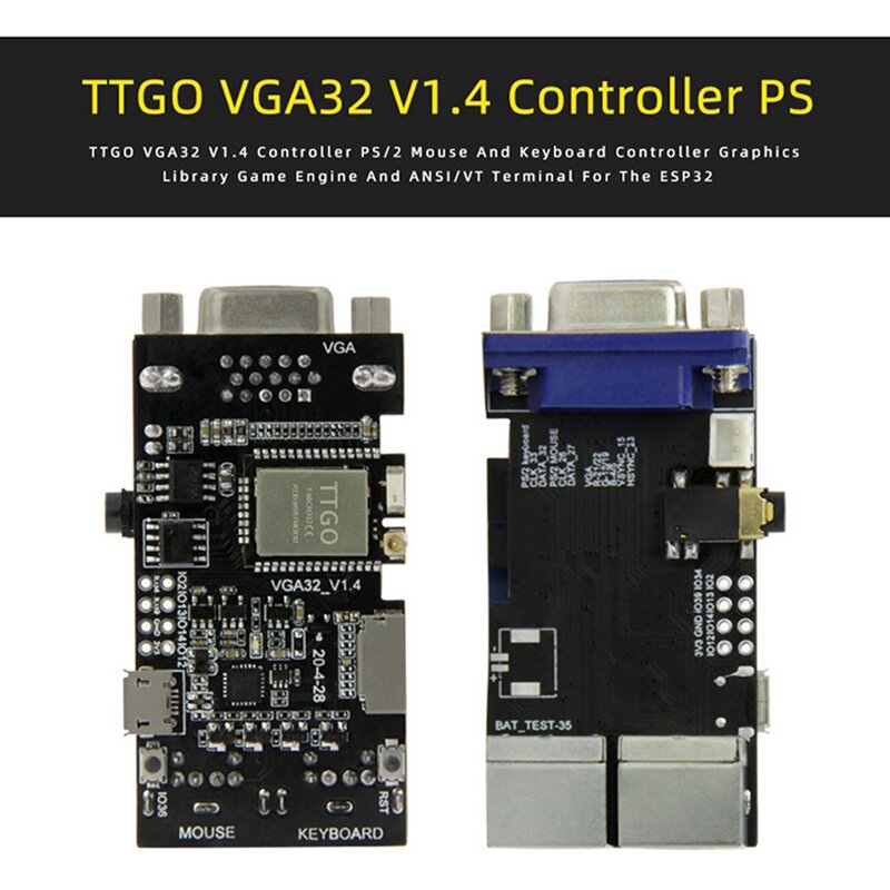 وحدة Ttgl vga32 vga esp32 psram وحدة تحكم v1.4 ، لوحة مفاتيح ps/2 الماوس ، بطاقة الرسومات ، ansi/محطة