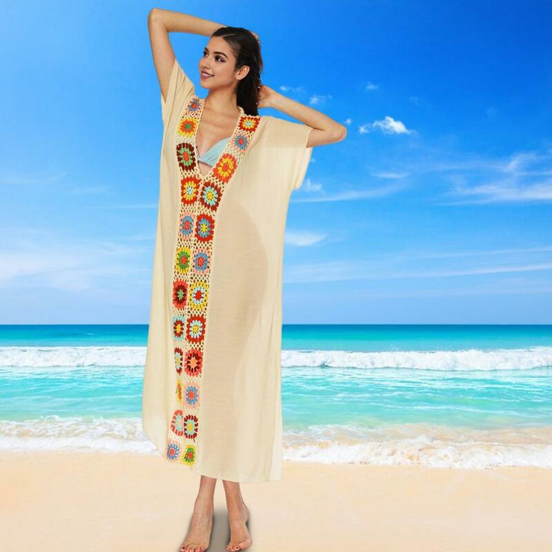 ديكور زهرة الكروشيه تنفس للنساء ، فستان تغطية الرقبة على شكل حرف V ، عطلة على حمام السباحة الشاطئ ، أكمام قصيرة ، أنيقة