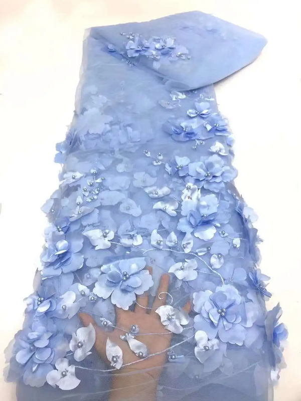 أقمشة الدانتيل مع الخرز لحفل الزفاف ، الأقمشة الأفريقية والفرنسية ، زهور ثلاثية الأبعاد باللون الأزرق ، شبكة عالية الجودة ، X-0200 ، 2022