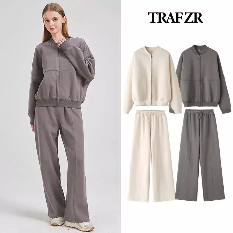 TRAF ZR-طقم بدلة رياضية بأكمام طويلة للنساء ، سترة بسحاب ، ملابس الخريف ، بنطلون فضفاض ، ملابس ، ملابس رياضية ، بدلات ، فستان