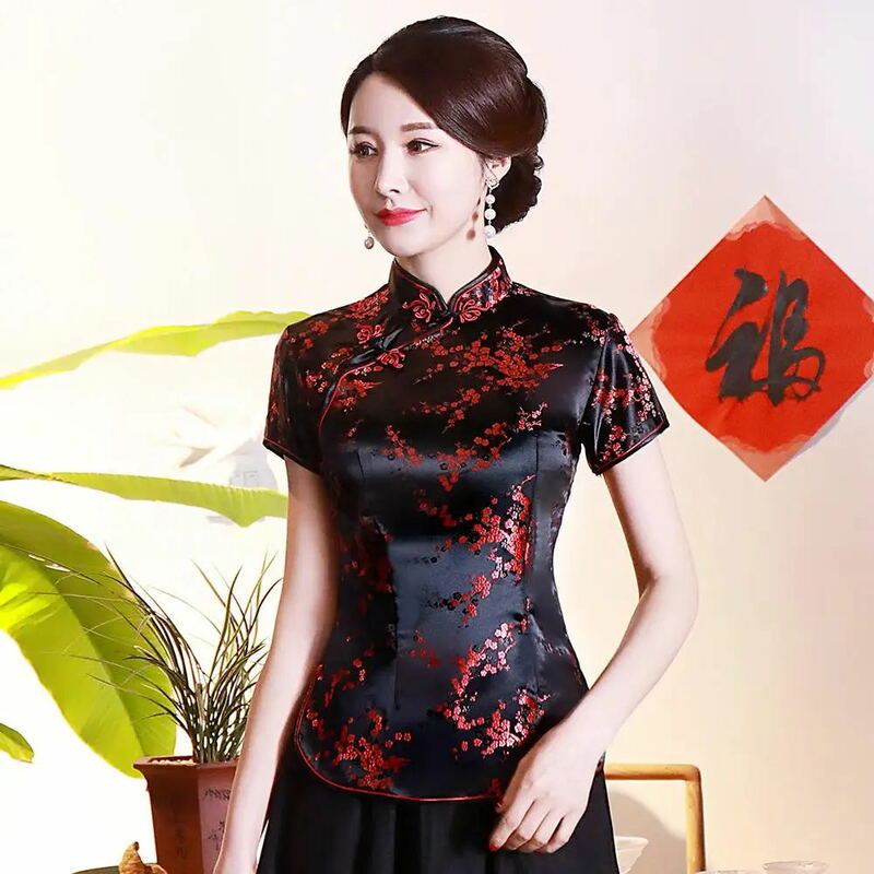 Flower زهرة المرأة الصينية التقليدية الساتان بلوزة الصيف قميص مثير الجدة التنين الملابس بلايز حجم كبير 3XL 4XL WS009