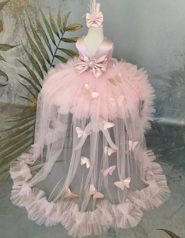 فستان فتاة الزهور الوردي منتفخ الأطفال فستان حفلات الزفاف لطيف الكرة ثوب الأميرة فساتين عيد ميلاد طويلة القطار