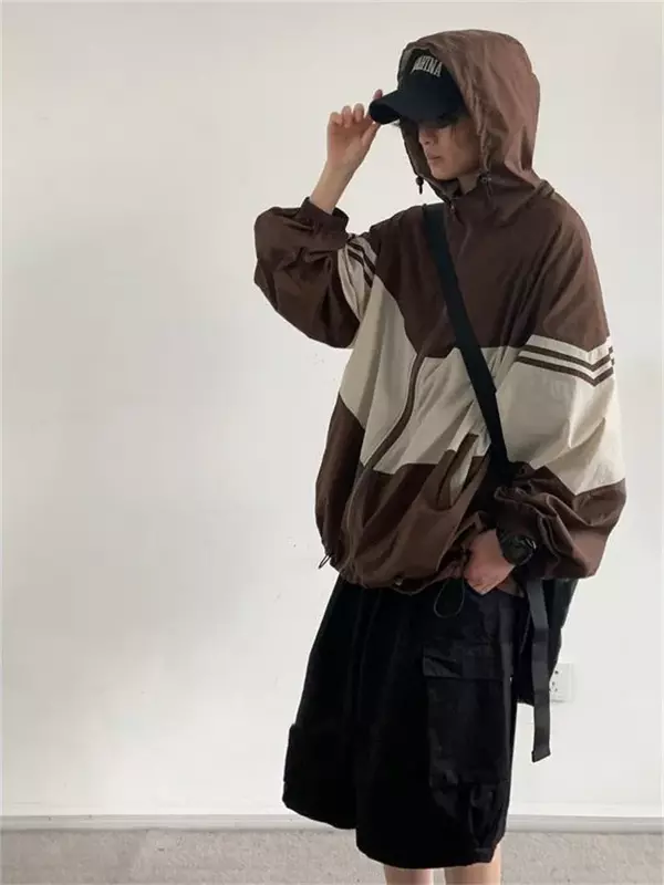 QWEEK-جاكيت نسائي بغطاء رأس ، كلاسيكي على الطراز الياباني ، ملابس خارجية خضراء سريعة الجفاف ، هاراجاكي كبير الحجم ، توب بني رقيق عتيق ، Y2K