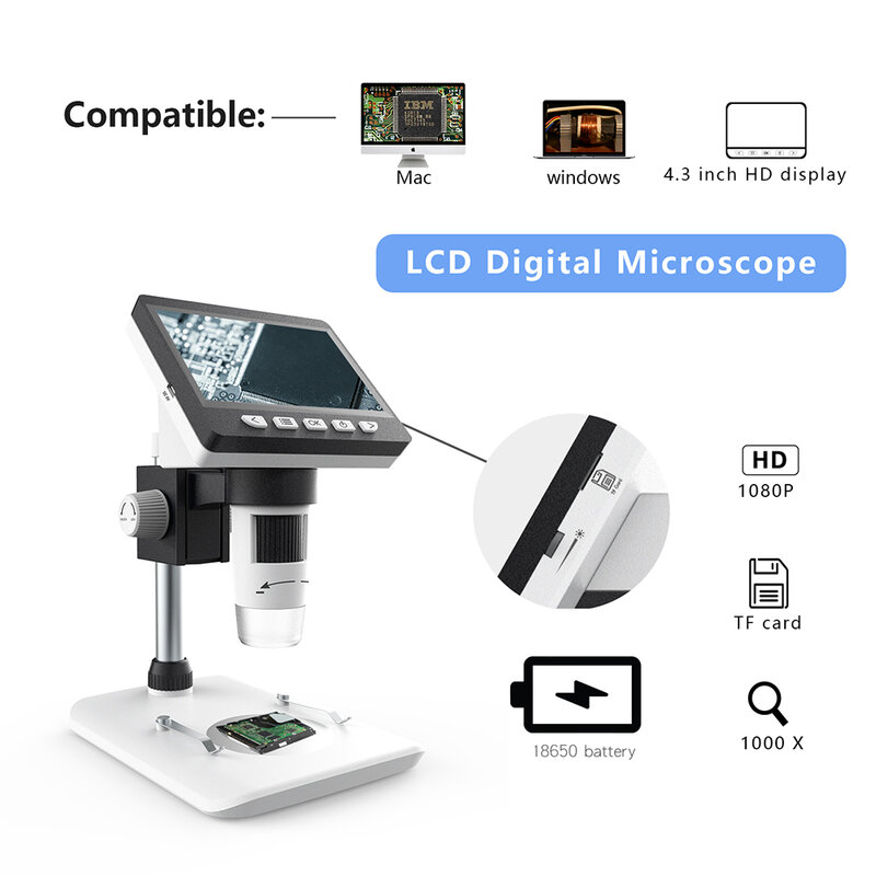 مجهر رقمي 4.3 بوصة 1000X التكبير المنظار مع 1080P ميكروسكوب إلكتروني صور فيديو تسجيل USB المجاهر الفيديو